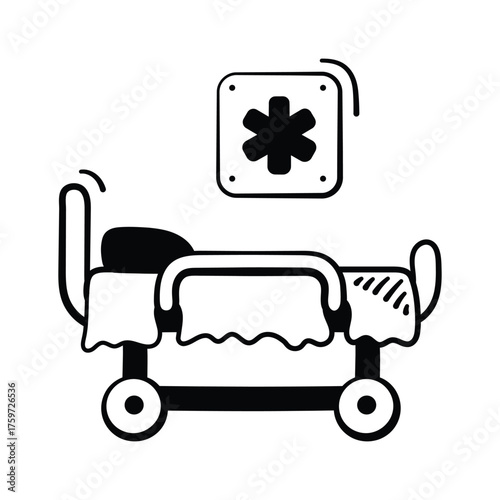 A hospital bed with adjustable features for patient care and comfort.