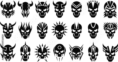 Tribal Skull Icon Set, Silhouette Tattoo Design Collection, vector illustration