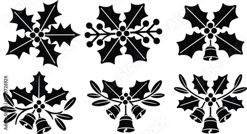 Christmas Holly Leaves and Bells Silhouette Vector Set