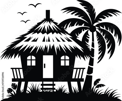 Tropical Beach Hut Silhouette Vector