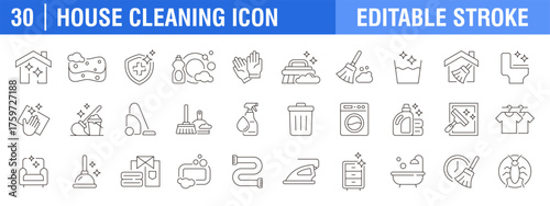 Collection of house cleaning icons. Cleaning service, vacuum, wash, wipe, mop. Vector design template, signs, symbols, editable stroke.