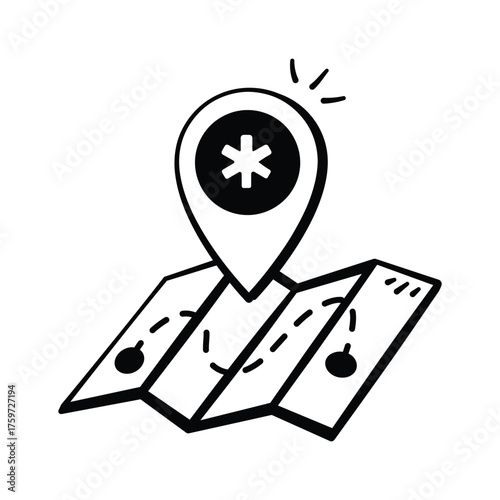 Map pin with medical symbol showing hospital or healthcare location hand drawn icon