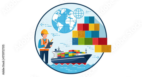 global logistics inspector checking cargo ship with containers for international trade illustrating supply chain management and maritime shipping