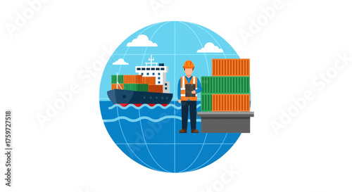 global logistics a shipping worker inspects cargo containers next to a container ship over a globe illustrating global trade supply chain and export