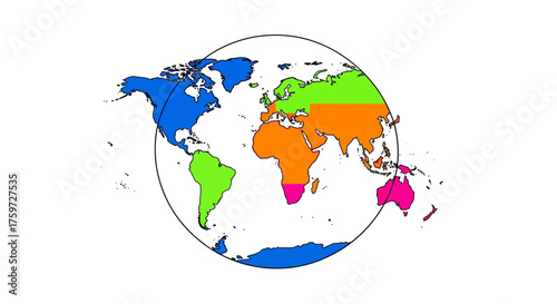 Global map illustration highlighting continents showcasing geographical diversity perfect for educational materials illustrating global connections and studies.