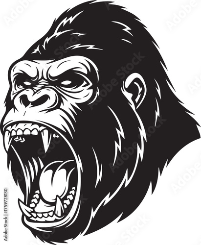 Furious Gorilla Head Roaring Aggressively with Open Mouth and Sharp Teeth.