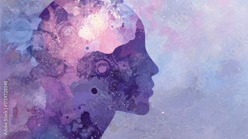 Futuristic AI human head silhouette with glowing circuitry and cosmic neural energy, conceptual technology vector background for artificial intelligence and innovation design.