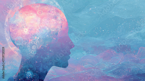 Futuristic AI human head silhouette with glowing circuitry and cosmic neural energy, conceptual technology vector background for artificial intelligence and innovation design.