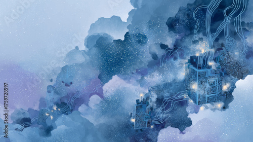 Quantum computing cubes connected by glowing energy flow, futuristic AI data exchange vector background illustrating digital intelligence and advanced neural technology.