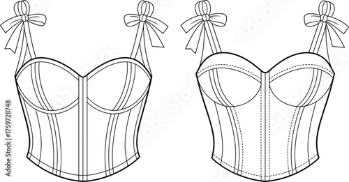 Corset top fashion technical sketch, garment construction flat, structured bodice vector, sewing pattern design, cad drawing flat vector illustration