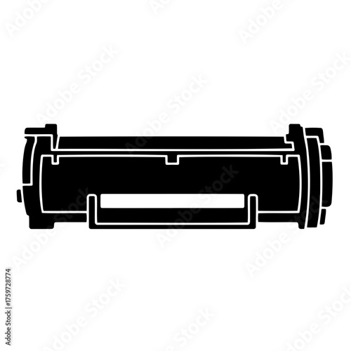 Minimalist black-and-white line art icon of copier toner cartridge on white background. Perfect for office equipment, maintenance, and IT content. 