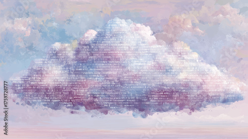 Abstract binary data cloud raining streams of digital code over pastel horizon, futuristic AI technology vector background symbolizing machine learning and cloud innovation.