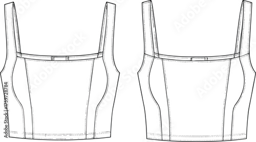 Cropped tank top technical sketch, fashion garment flat drawing, princess seam vector, apparel design CAD, sewing pattern illustration, textile blueprint