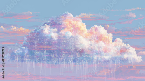 Abstract binary data cloud raining streams of digital code over pastel horizon, futuristic AI technology vector background symbolizing machine learning and cloud innovation.