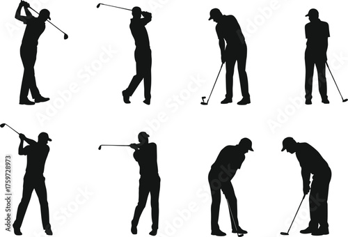 Golf swing silhouette vector, golfer action poses, putting stance illustration, sports movement clipart, black figure icon set for design, training