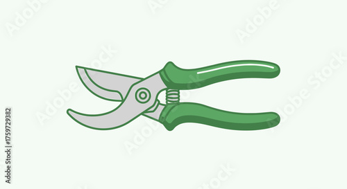 Illustration of a green and silver garden pruning shear tool.