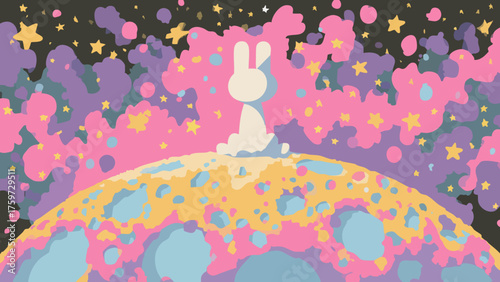Whimsical Rabbit Gazing at Starry Cosmic Dreamscape