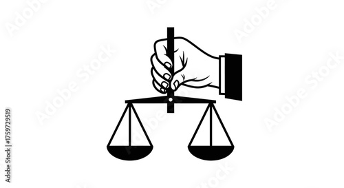 A hand holding a balance scale, symbolizing justice and fairness, in monochrome.