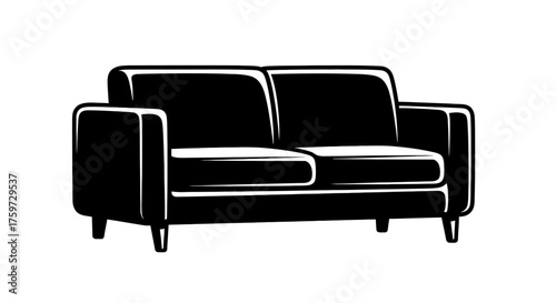 A black two-seater sofa rendered in a simple, minimalist style.