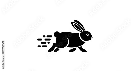 A black rabbit runs quickly, depicted in a minimalist, graphic style with motion lines.