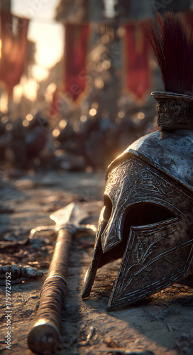 Spartan helmet and spear on a battleground at sunset, symbolizing war, ancient history, and conflict.