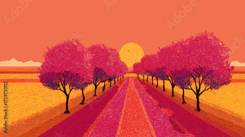 Beautiful country road lined with pink blossom trees leading into glowing sunset, vibrant spring landscape vector artwork with warm atmospheric colors.