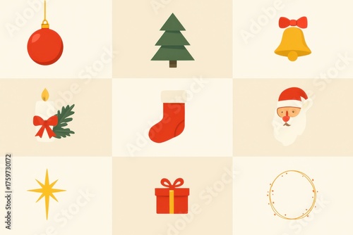 Minimalist Christmas card with festive icons — tree, candle, stocking, Santa, star, bell, and gift in warm pastel tones. Illustration by Generative AI