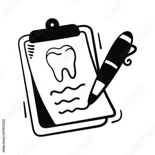 A glyph design icon of a clipboard containing a dental patient record.