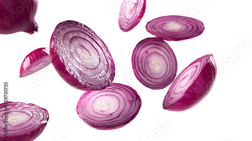 Fresh red onion slices floating in mid air - culinary concept for food design