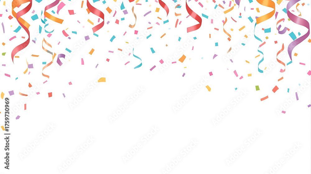 Fototapeta premium Colorful confetti and streamers falling from above on a white background, festive celebration.