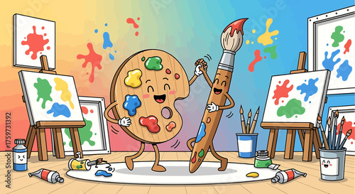 Cartoon illustration of a paintbrush and palette dancing in an art studio with colorful paintings.