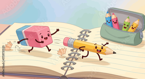 A whimsical cartoon illustration of an eraser chasing a winged pencil across an open spiral notebook with other colorful pencils watching.