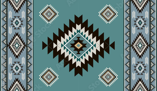 Seamless geometric ethnic pattern inspired by Native American tribal fabric. Traditional Aztec and Navajo style carpet and tile vector design on navy blue background. Perfect for textile, wrapping,