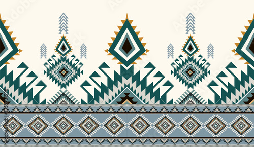 Seamless geometric ethnic pattern inspired by Native American tribal fabric. Traditional Aztec and Navajo style carpet and tile vector design on navy blue background. Perfect for textile, wrapping,