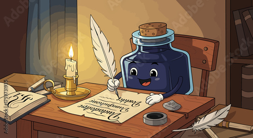 Vintage illustration of an old-fashioned typewriter with a pen and paper on a desk in an office room