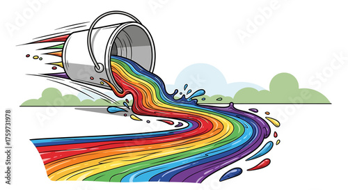 A paint bucket spills a vibrant rainbow stream across a green landscape with clouds.