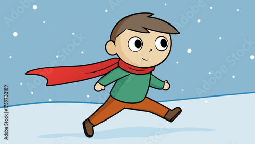 Cartoon boy running in snow with red scarf and green sweater  