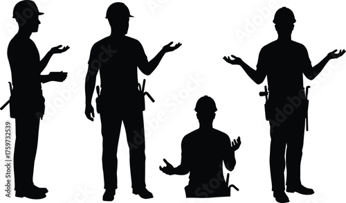 "Silhouette construction workers in hard hats with tool belts, teamwork poses, occupational safety, industrial labor, communication, skilled trades vector illustration"