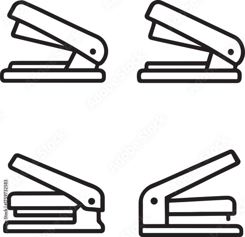 Office stapler silhouettes set isolated stationery tool icons for document binding and paper management graphic design elements