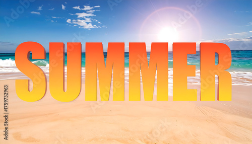 Bright Summer Beach Scene with Vibrant 'SUMMER' Text and Sparkling Turquoise Water at Sunrise