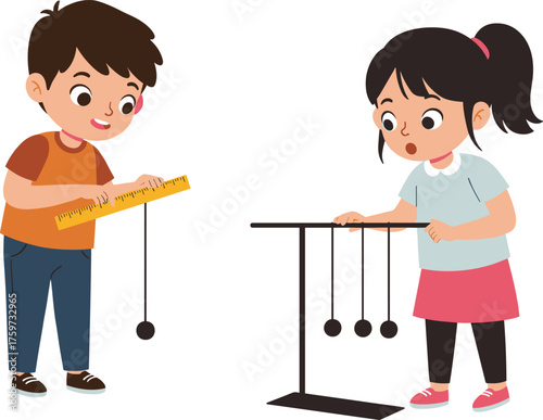 Children physics experiment with pendulum, kids measuring string length, classroom science activity, STEM education project, school laboratory study, hands-on learning observation