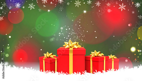 Colorful Christmas Gifts with Golden Bows on Snowy Ground Surrounded by Festive Background