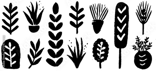 Rustic grain silhouettes in linocut style for boho design and print