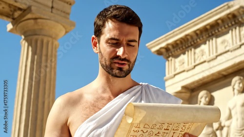 Young Man in Toga Holding Scroll Near Ancient Greek Architecture