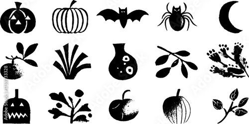 Halloween-themed linocut set featuring pumpkins, spiders, bats, and moon for seasonal design
