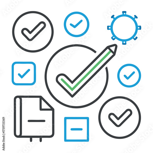 Minimalist line art illustration of check marks, circles, and document icons representing completion and approval