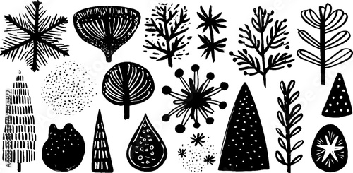 Winter themed set of icy snowflakes and frosty branches for holiday cards and crafts