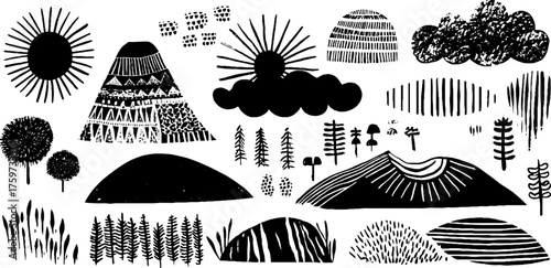 Black and white scandinavian woodland landscape with hills, sun, and clouds - design for print