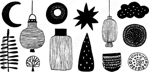 Lantern festival elements with moon, stars, and clouds for festive design inspiration