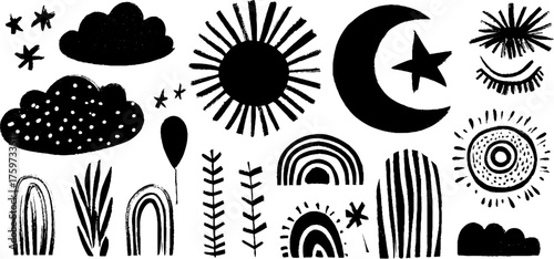 Lunar celebration elements featuring moon, stars, clouds, and festive ribbons for creative design